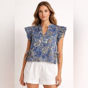 Marie Oliver Blue Paisley Floral Flutter Sleeve Top Tie Sides Boho Blouse Size S